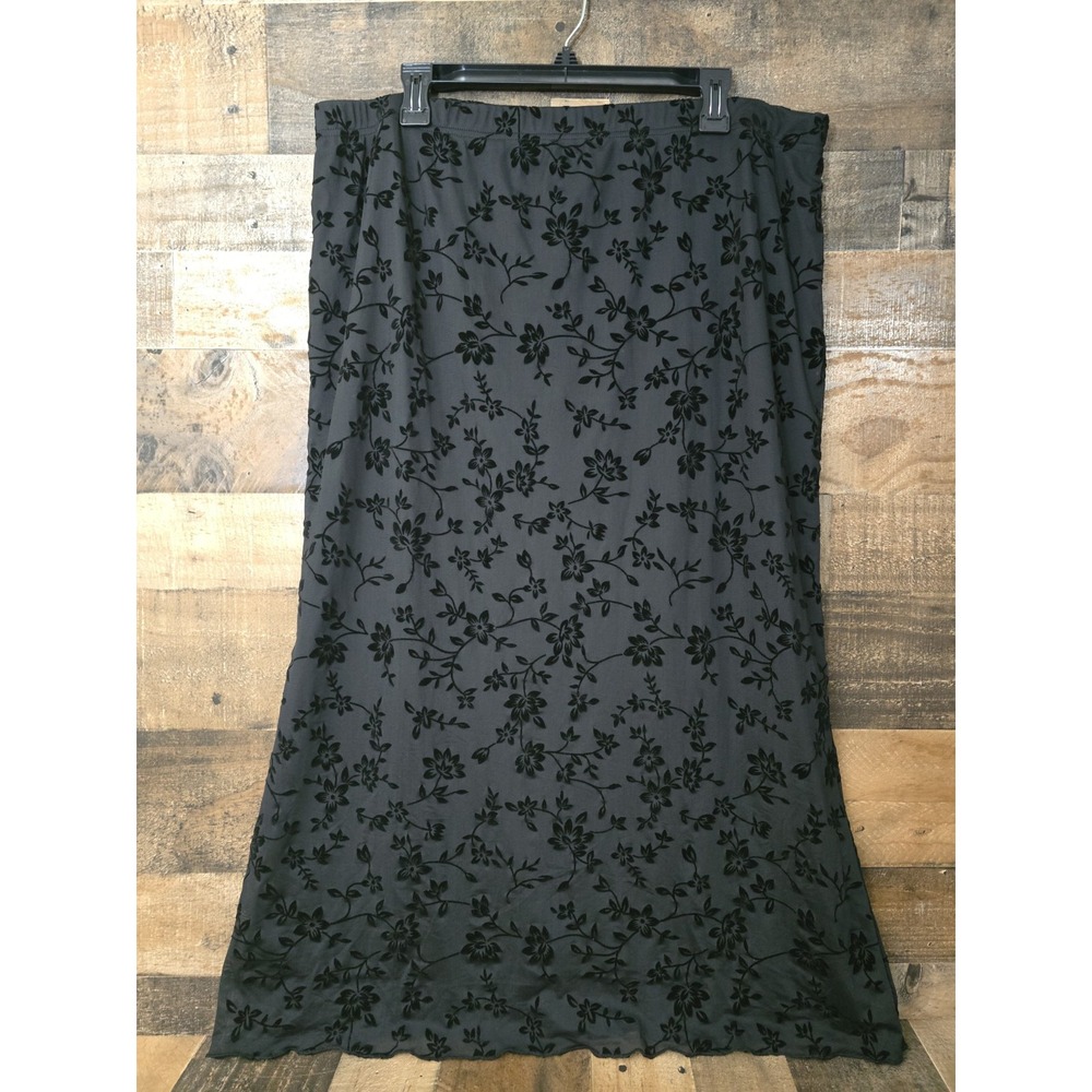Women Black Floral Velvet Cutout Maxi Skirt 4XL Elastic Waist Witchy Fairygoth